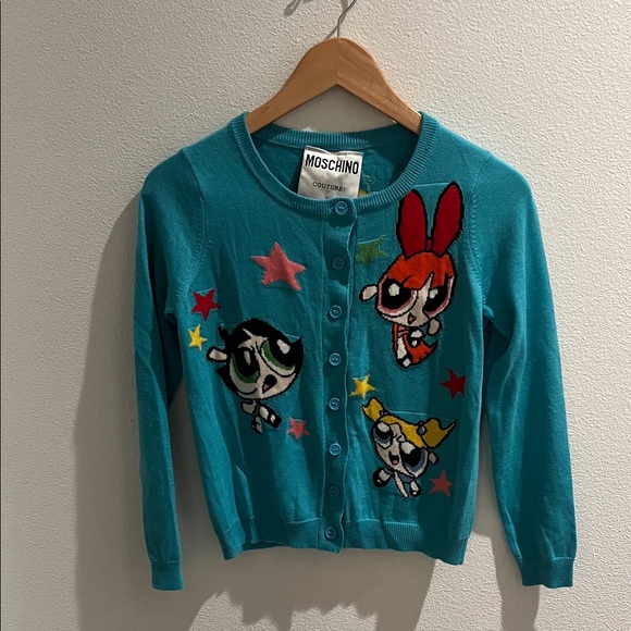 RARE Moschino X Powerfuff Girls Turquoise Button Cardigan XS - Picture 2 of 4